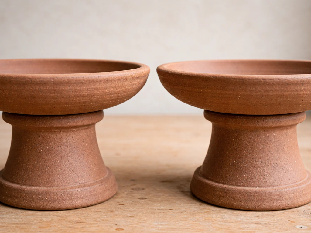 Close-up comparison of two clay bird bath tops aligning on a pedestal base vs leaving a gap.