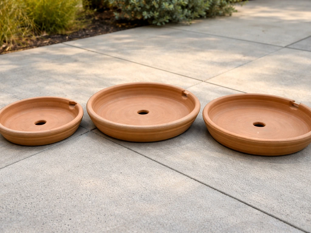 Terracotta clay bird bath tops in different sizes and bowl shapes with visible drainage openings.