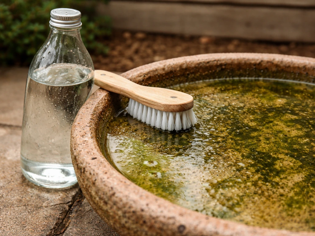Close-up of an algae-stained clay bird bath top with vinegar bottle and nylon brush nearby.
