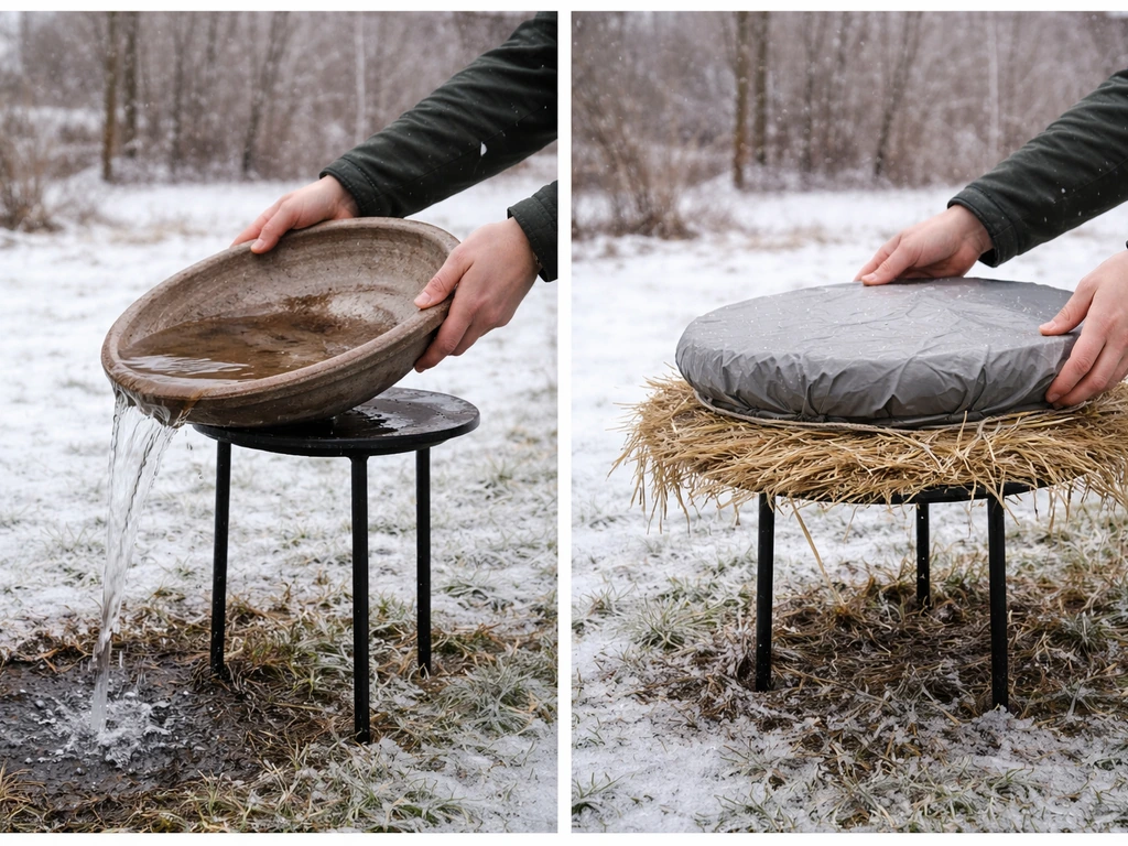 Clay bird bath top being drained and covered with straw and a tarp to prevent freeze cracking in winter
