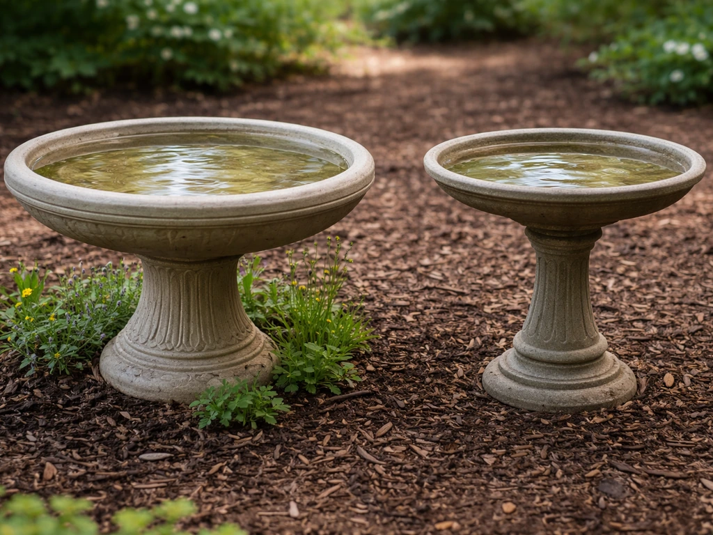 Side-by-side bird bath options: a wide stable planter-ready basin versus a narrow wobblier one.