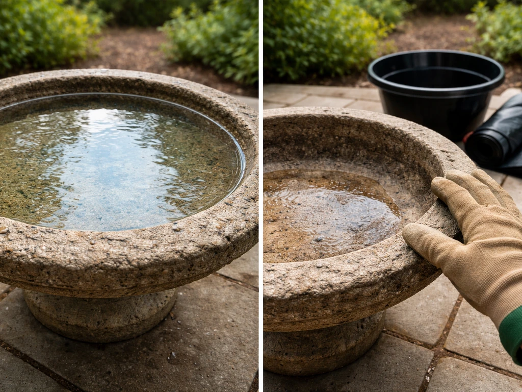 Clean bird bath basin scrubbed and rinsed, with a gloved hand checking the rim for cracks beside planting supplies