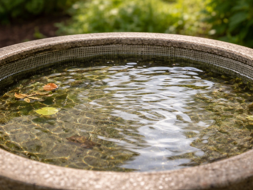 Closeup of a bird bath with clear water and floating debris removed to prevent algae and mosquito larvae.