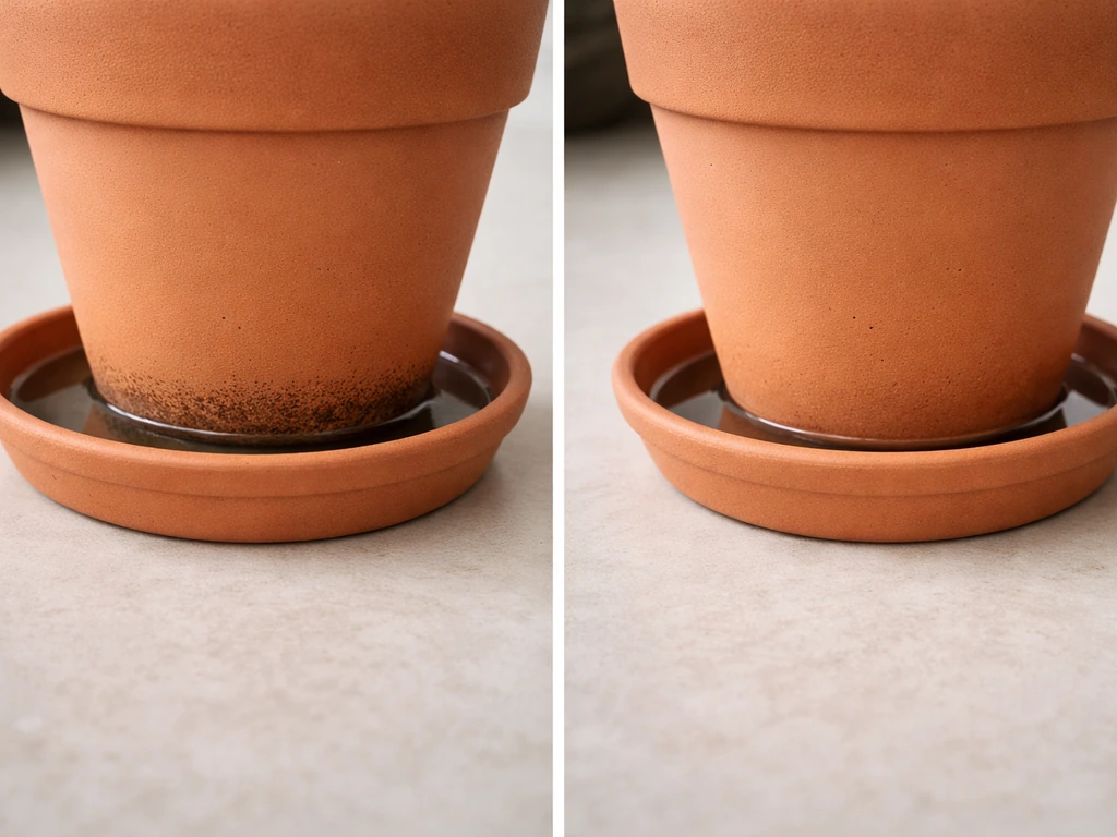 Close-up of a potted plant pot in a saucer showing murky water with soil vs clear water after adjusting.