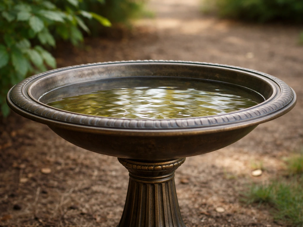 Metal bird bath top basin on pedestal base in a garden, showing waterline and rim details.
