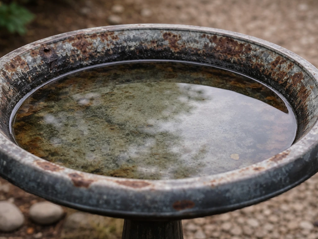 Close-up of an aged metal bird bath basin with rust and worn coating