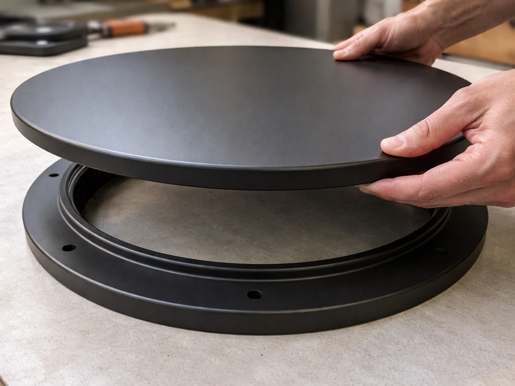 Hands aligning a replacement metal patio top over a matching base to check correct mounting holes.