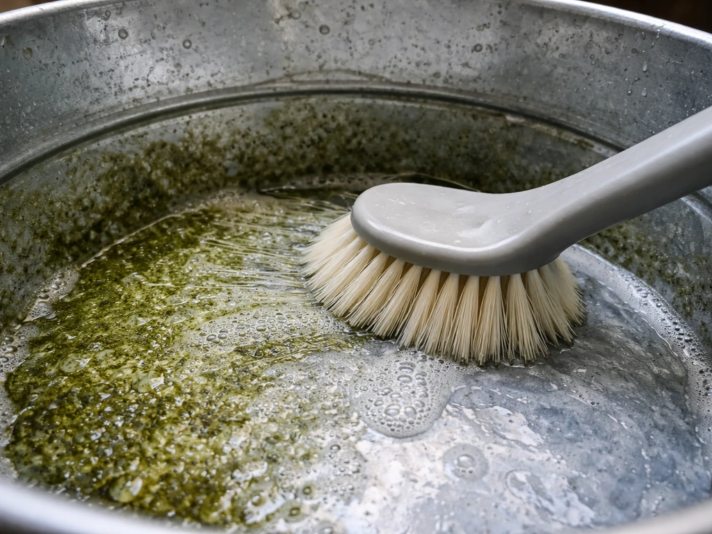 Close-up of a stiff brush scrubbing a metal basin interior with vinegar residue to remove algae