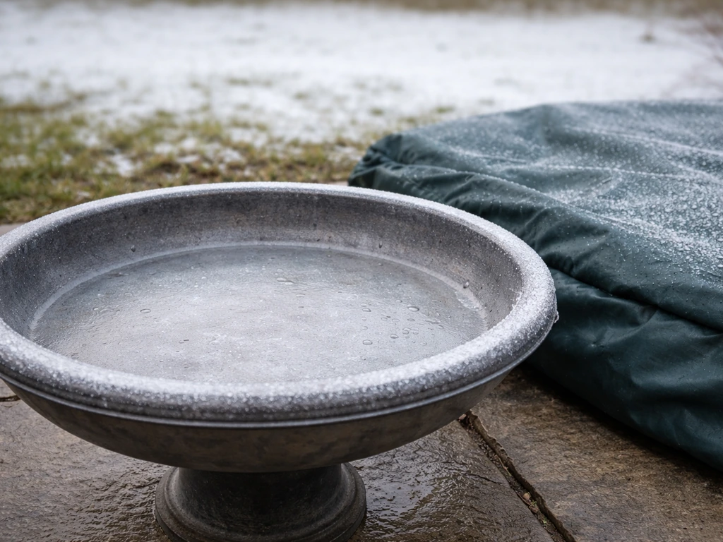 Minimal outdoor view of an empty metal bird bath basin with a winter cover and slight frost on the rim.