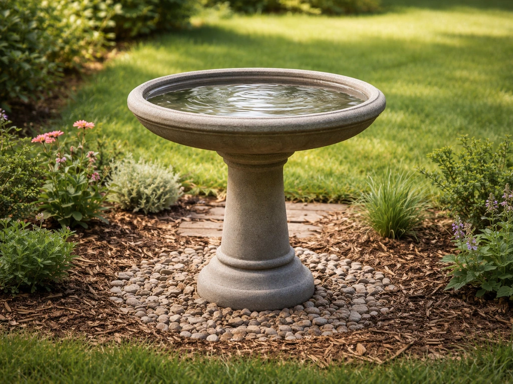Pedestal bird bath filled with clear water in a backyard garden, showing neat placement and surrounding plants.