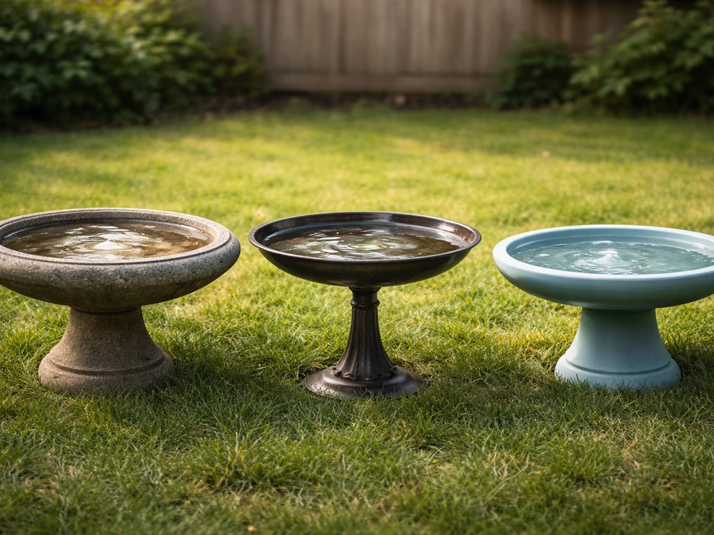 Three bird bath options side by side: concrete/stone basin, metal bowl, and ceramic/plastic dish in a simple yard.