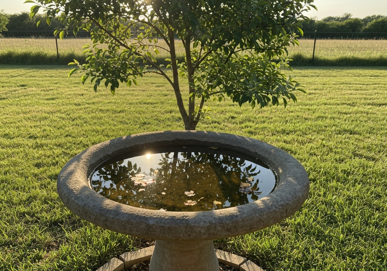 Bird bath partly in morning sun and afternoon shade under a leafy tree in a quiet yard.