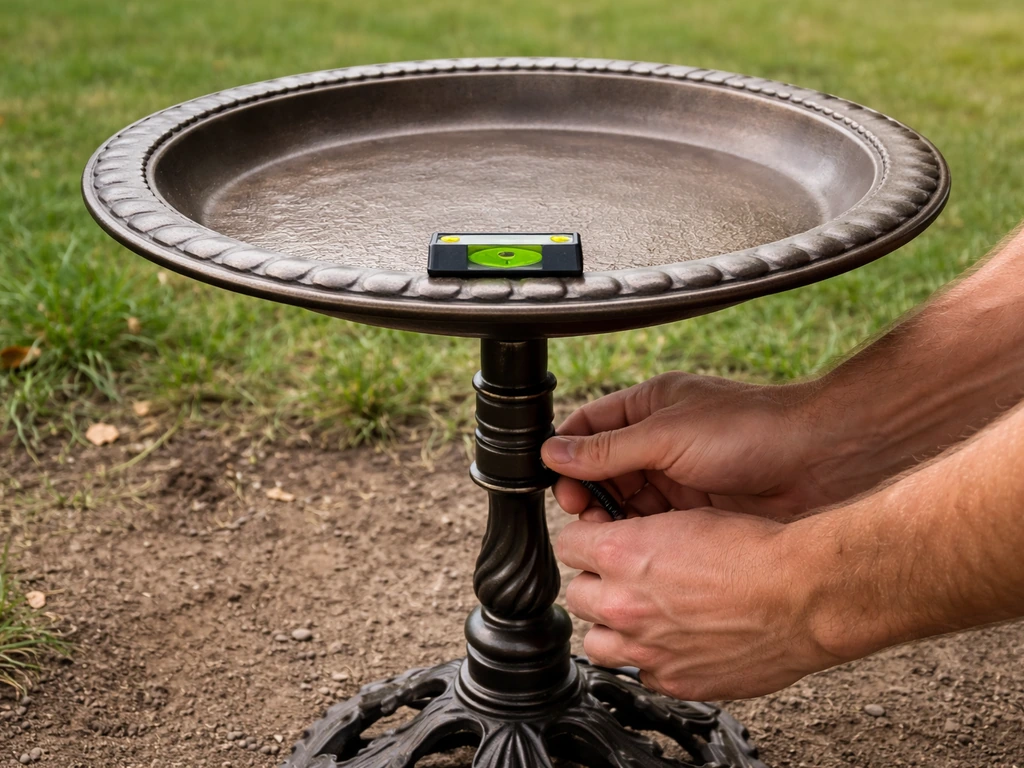 Hands adjust a bird bath stand while a bubble level sits on the rim to check leveling.