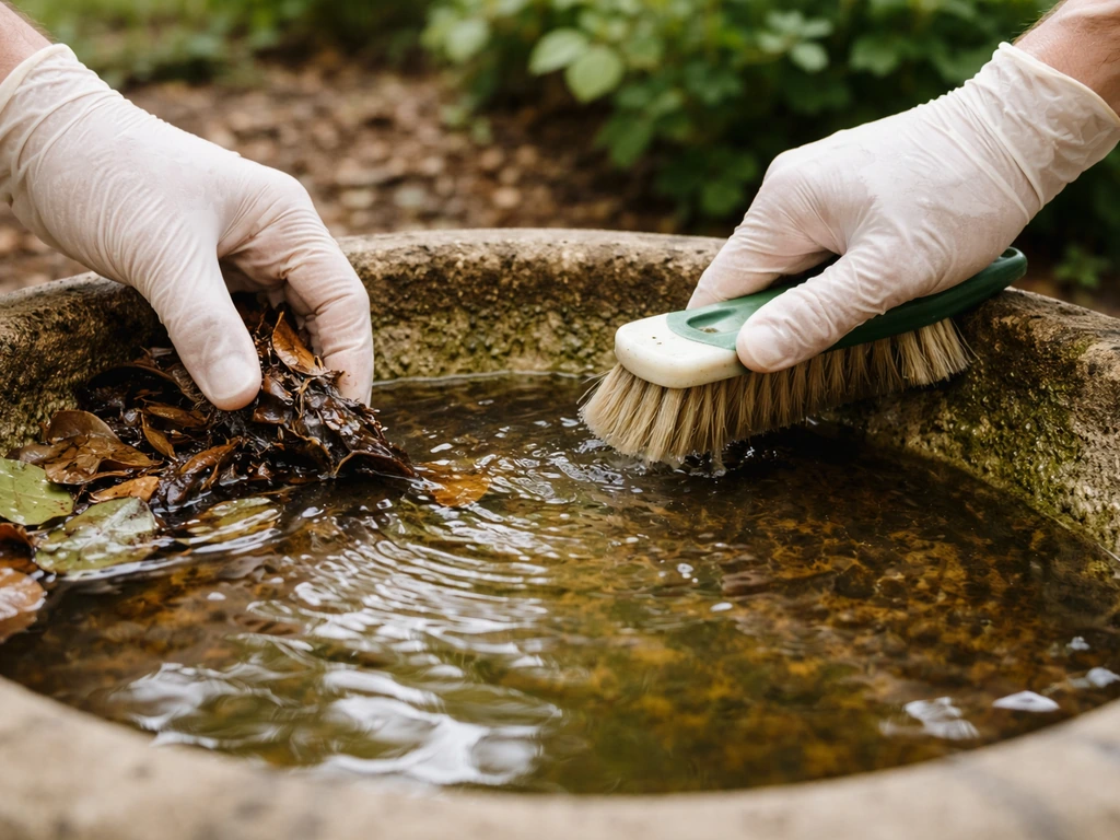 Close-up of hands scrubbing a birdbath basin wall while scooping out leaf litter from standing water