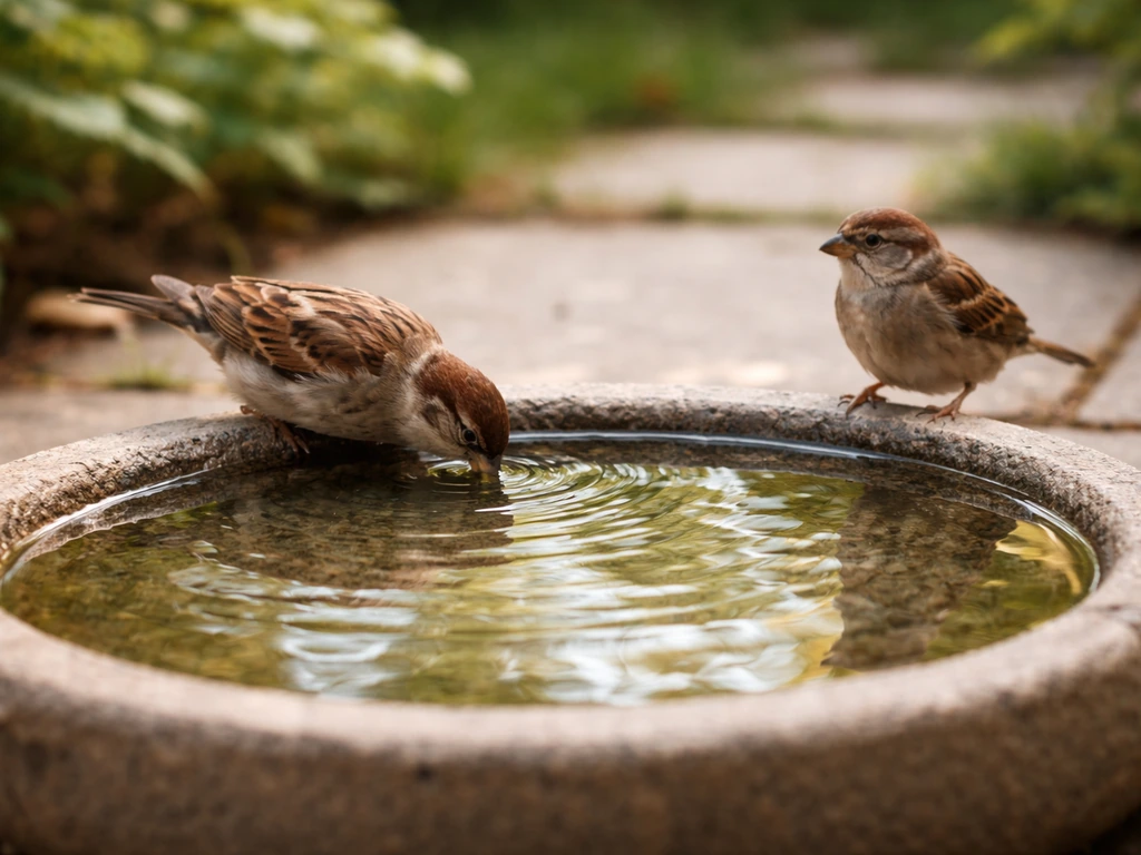 A clean bird bath with clear water as small birds drink nearby in a simple garden setting.