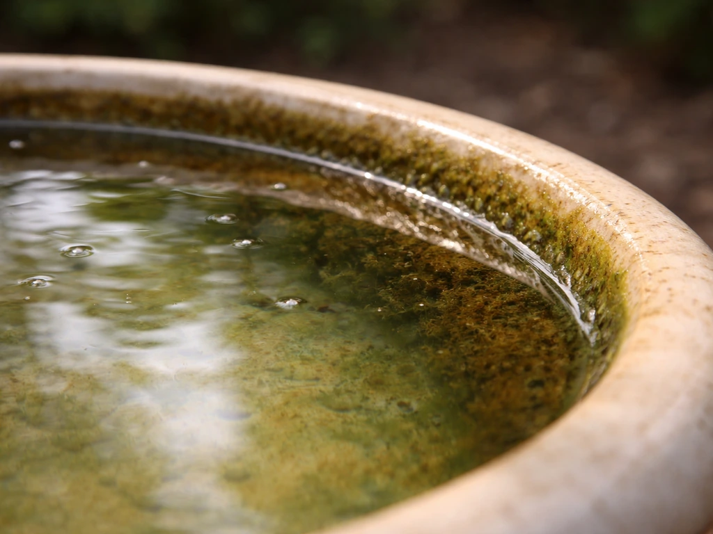 Close-up of green-brown algae film clinging to the edge of a bird bath with standing water.