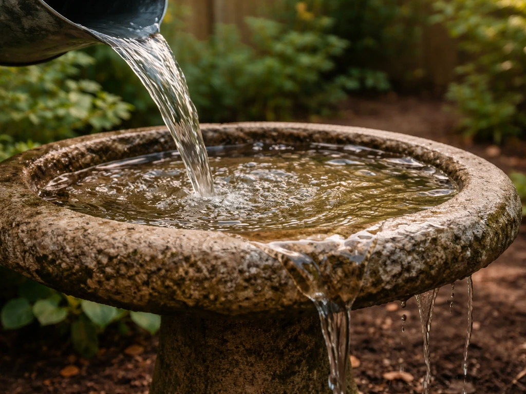 Stone bird bath freshly refilled with clear water pouring in, old water draining off in a backyard.