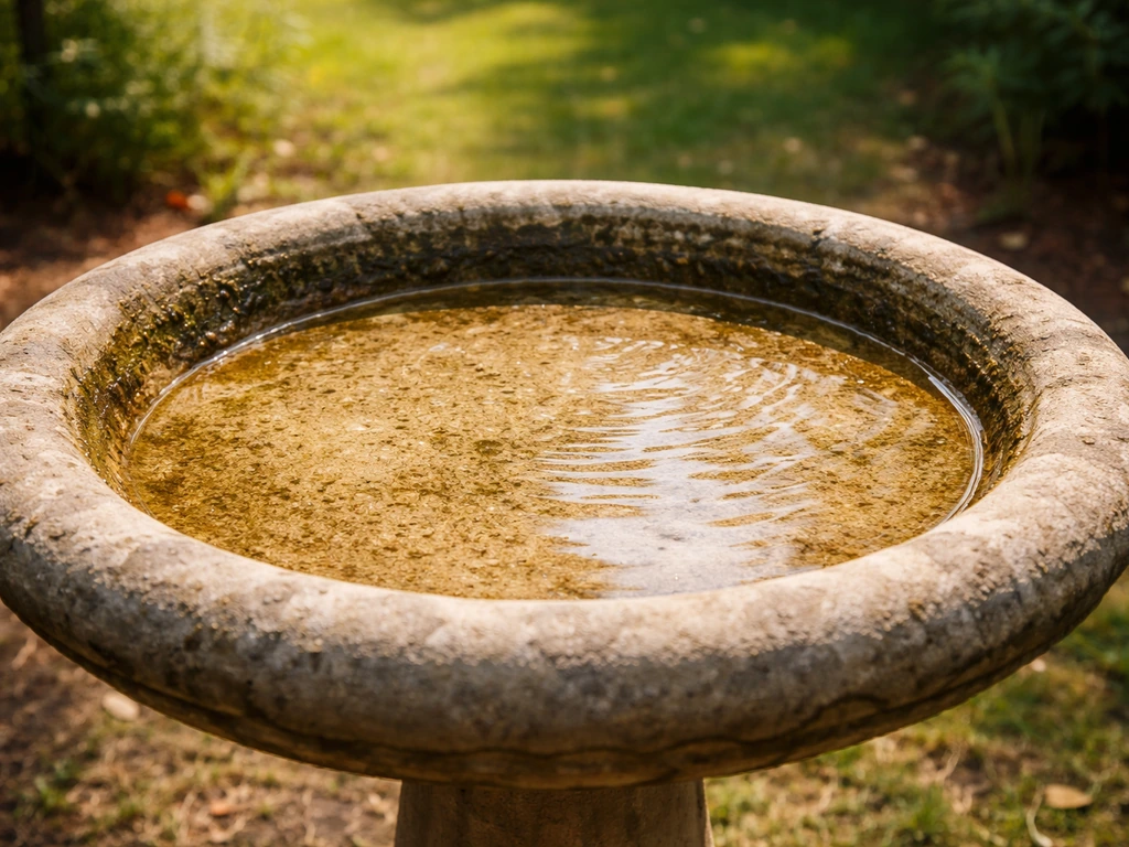 Sunlit outdoor bird bath with near-empty warm water and a damp drying waterline