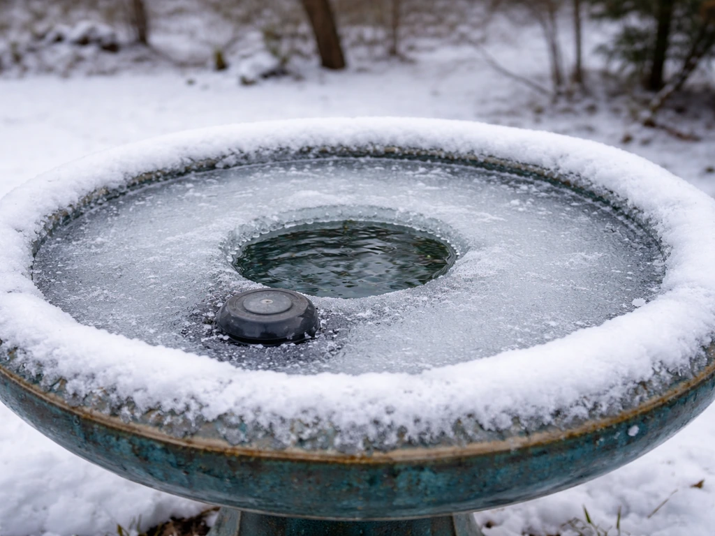 Winter bird bath with clear ice cover and a small ice-free area showing water access for birds