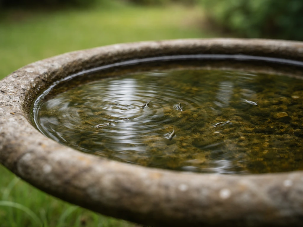 Shallow stagnant water in a backyard bird bath with larvae-like shapes beneath the surface.