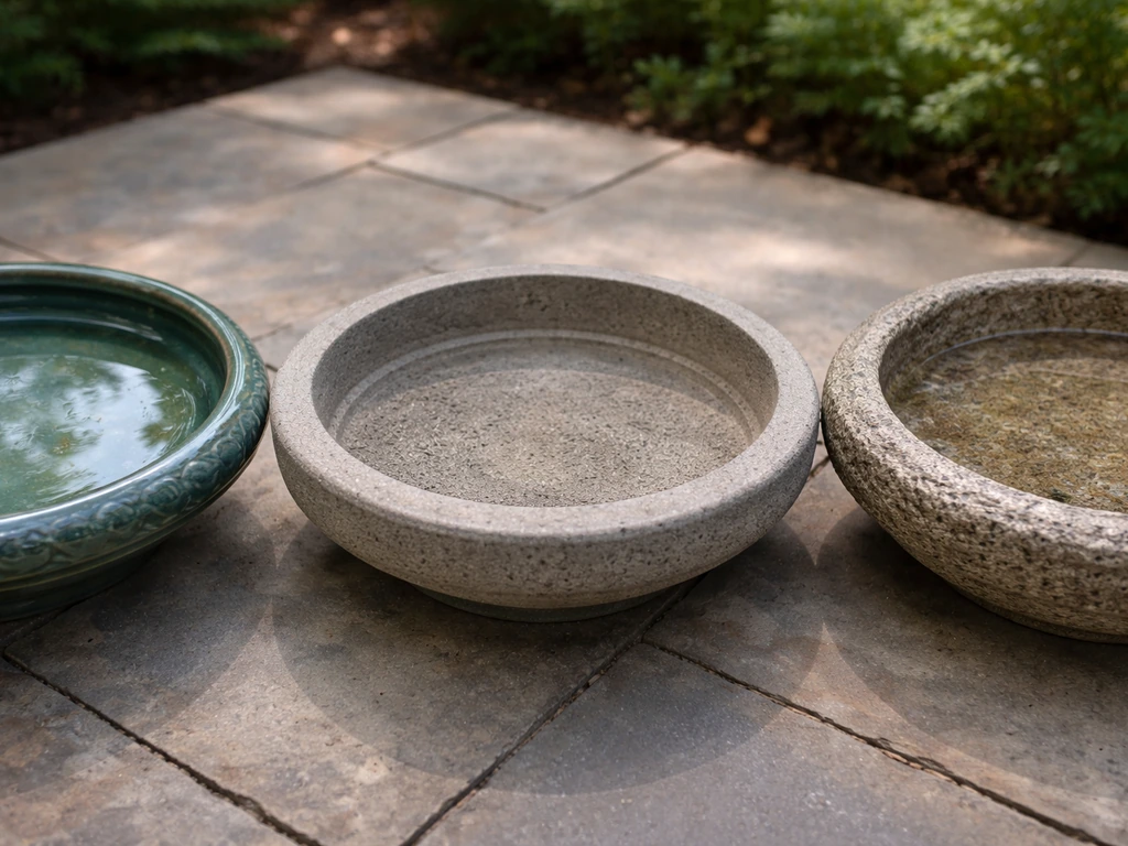 Three bird baths in a row showing glazed ceramic, porous concrete, and rough surface materials for mosquito risk compari