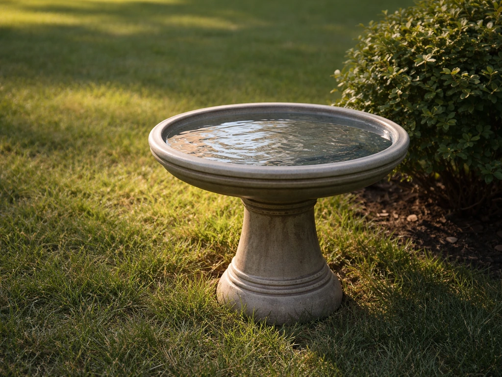 Bird bath in partial shade with morning sun, showing reduced standing water risk outdoors.