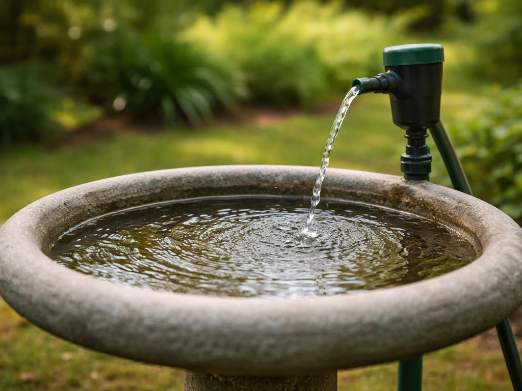 Garden hose dripper releasing steady water into a bird bath, showing small ripples and droplets
