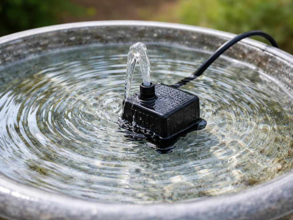 Small submersible pump in a bird bath creates gentle circular ripples in the water.