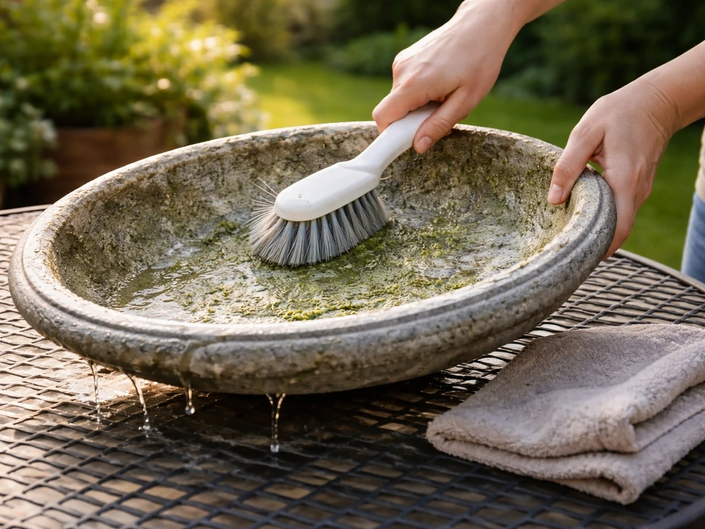 Hands scrubbing a tipped bird bath basin with a stiff brush on a patio.