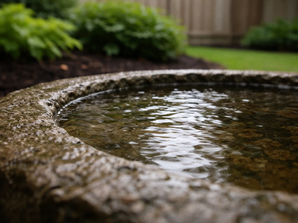 Close-up of a wet bird bath basin showing shallow edge vs deeper water and slip risk.
