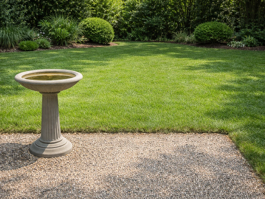 Bird bath on a patio with clear open space beside it for birds to spot threats