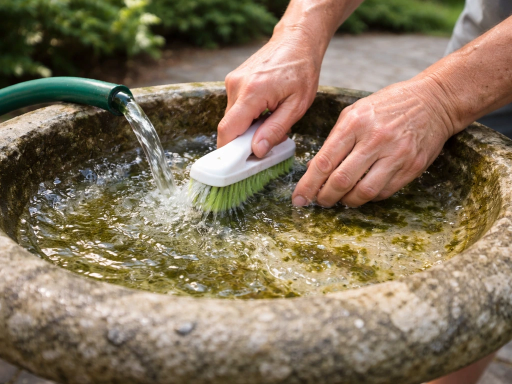 Hands scrubbing a bird bath basin and rinsing clean in a backyard, with water droplets and algae removed.