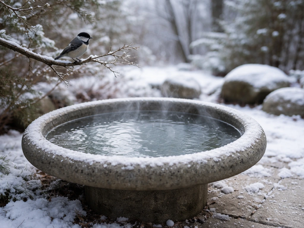 Garden birdbath with fresh water, steam rising, no salt or additives visible in winter