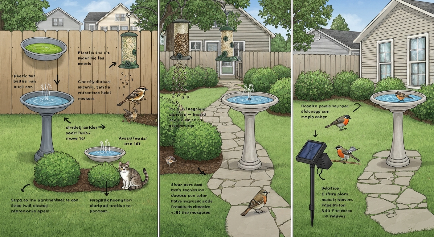 Split illustration: common bird-bath placement mistakes (sun, under feeder, near shrubs/cat, tilted base, shaded solar) at left vs corrected placement (dappled sun, pedestal on level pad, perch and cover at safe distance, angled solar panel) at right.