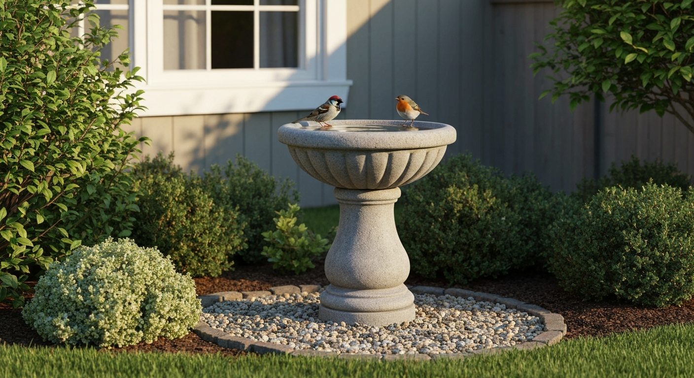 Pedestal bird bath on a compacted crushed-stone base with small songbirds bathing; shows a level, stable installation in partial shade near a house window.