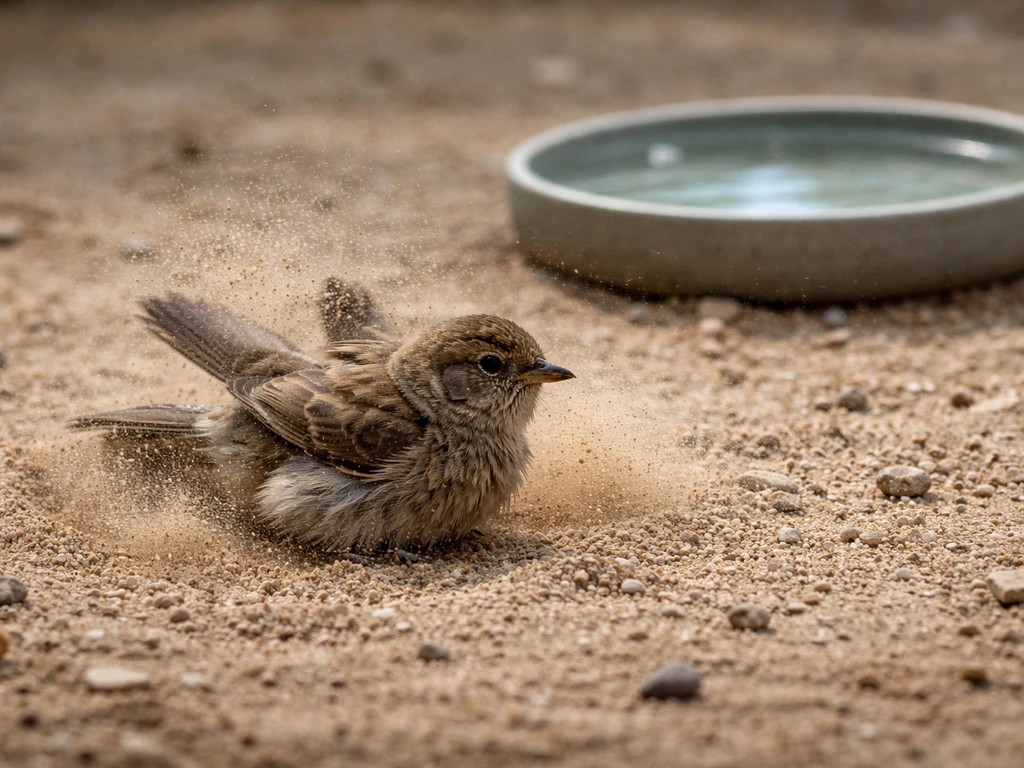 Small bird flapping in fine dry sand beside a shallow water dish for bathing