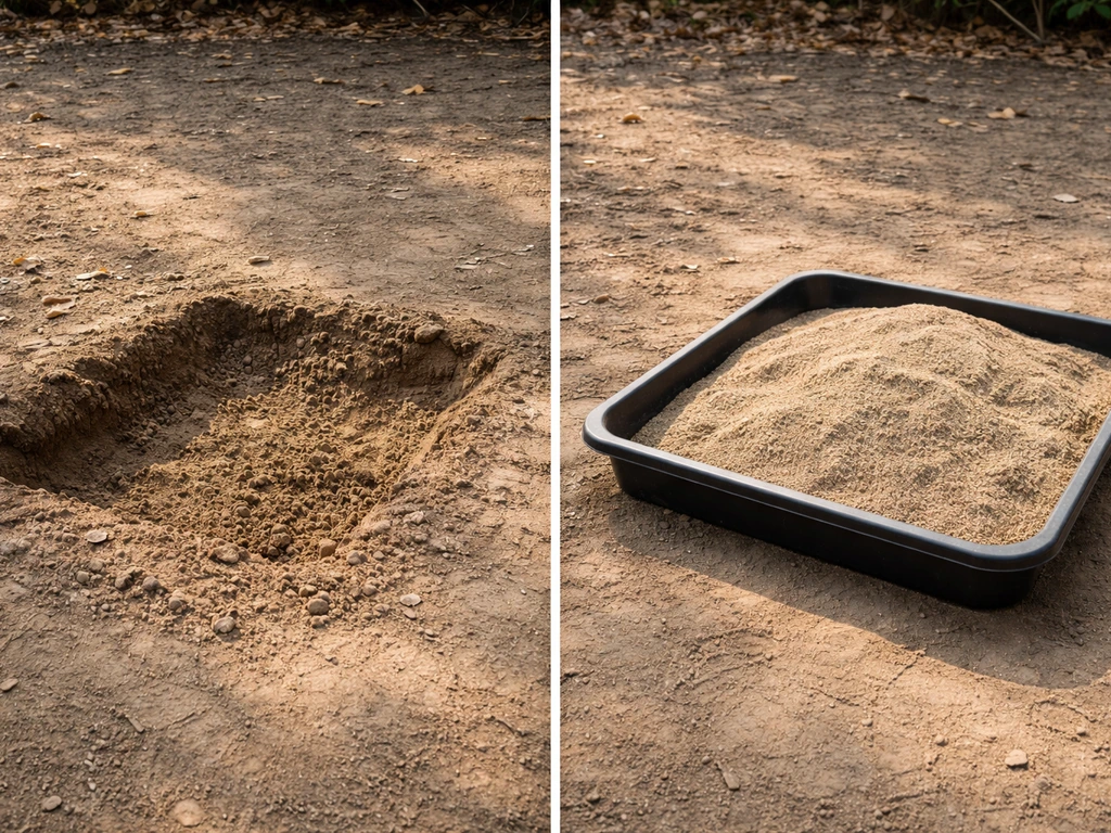 Side-by-side view of a ground dust-bath pit in soil and a shallow container tray with dry substrate.