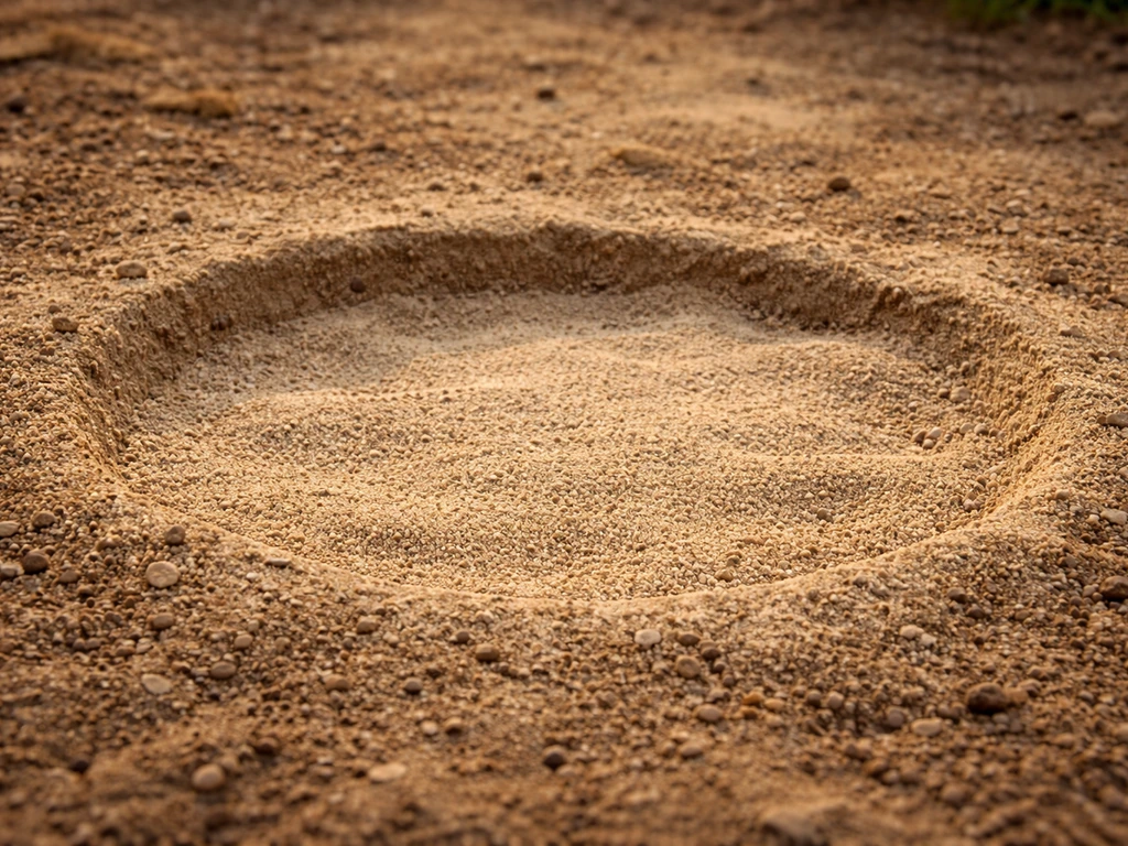 Close-up of a shallow ground dust bath pit filled level with fine dry substrate, ready for birds
