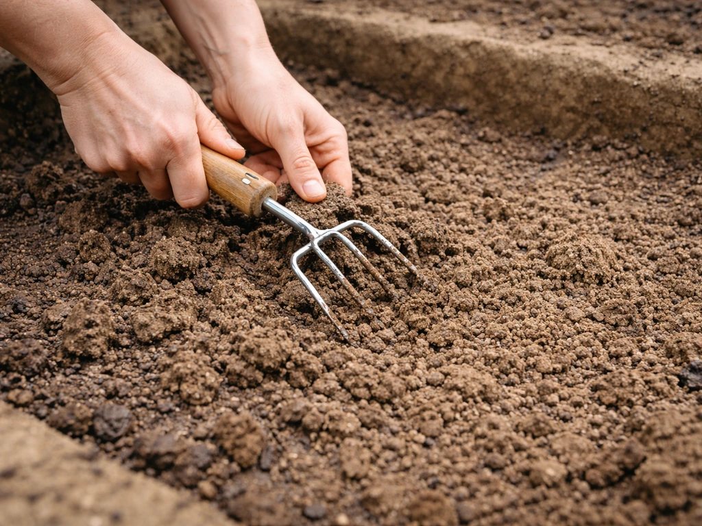 Garden hand forking damp dust-bath substrate, improving crumbly dryness after rain.