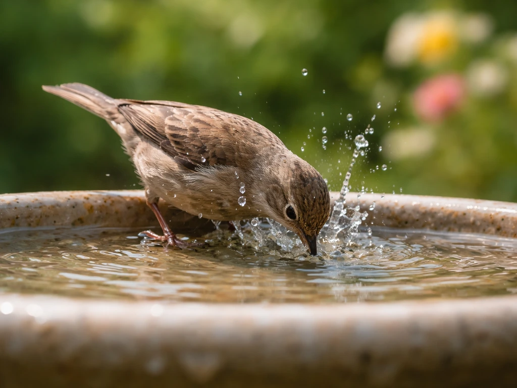 A small finch-like songbird drinks and splashes in a shallow backyard bird bath with water droplets