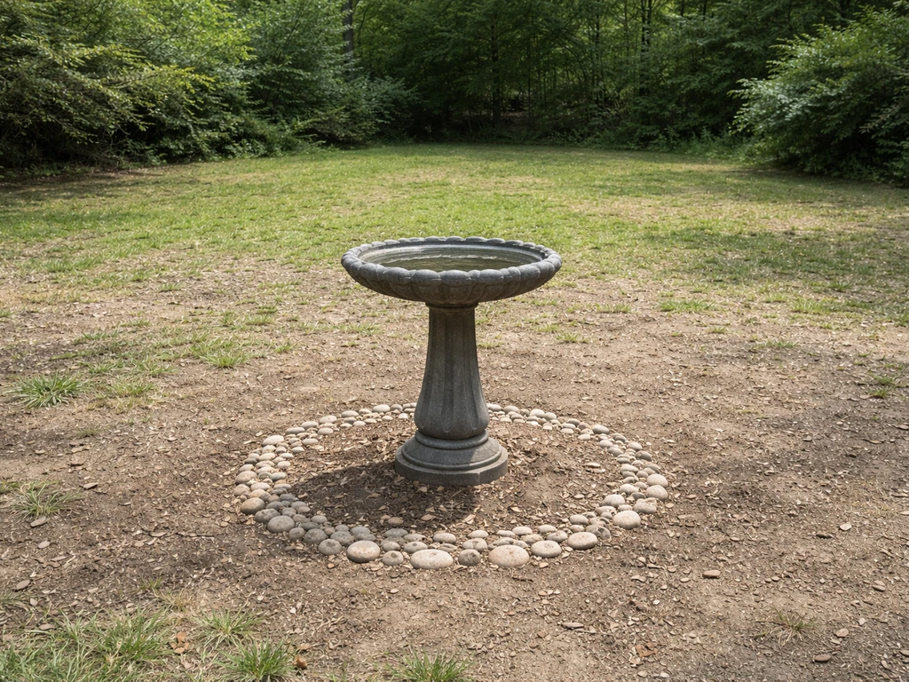 A bird bath in an open yard clearing, with shrubs kept farther away to suggest a safety zone.