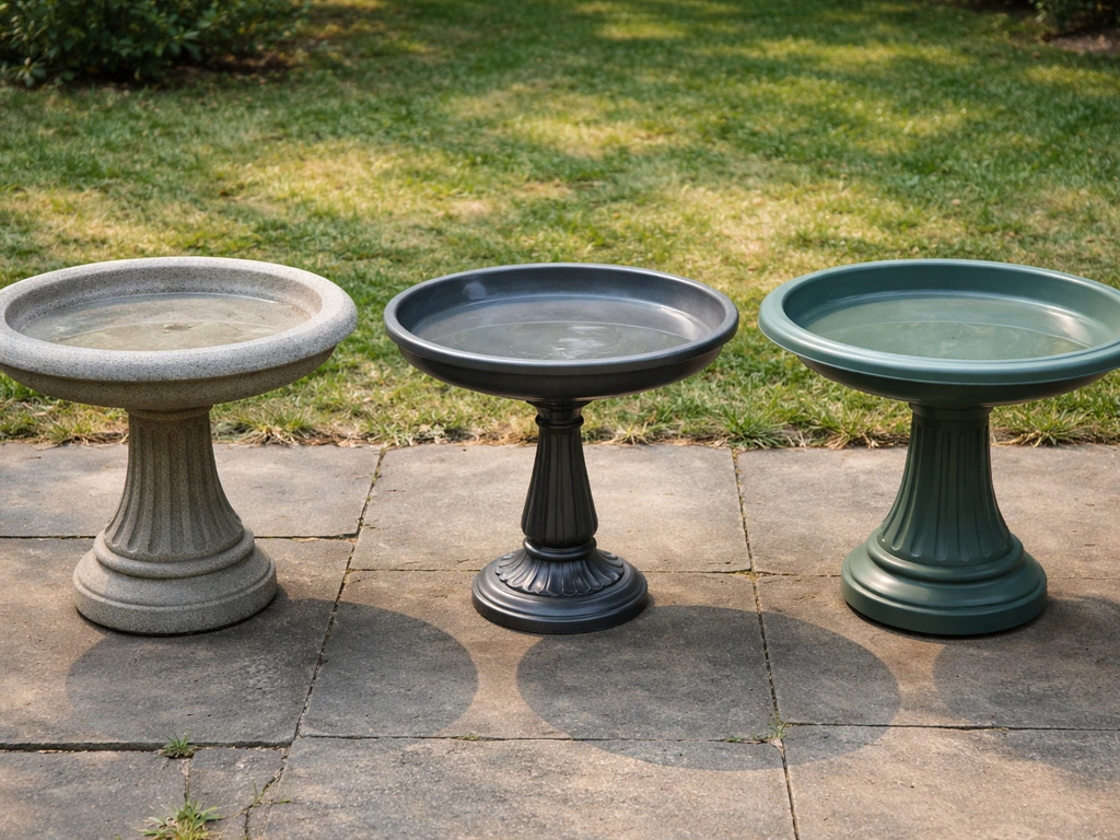 Three bird baths side-by-side showing concrete/cast stone, metal, and plastic material differences outdoors.