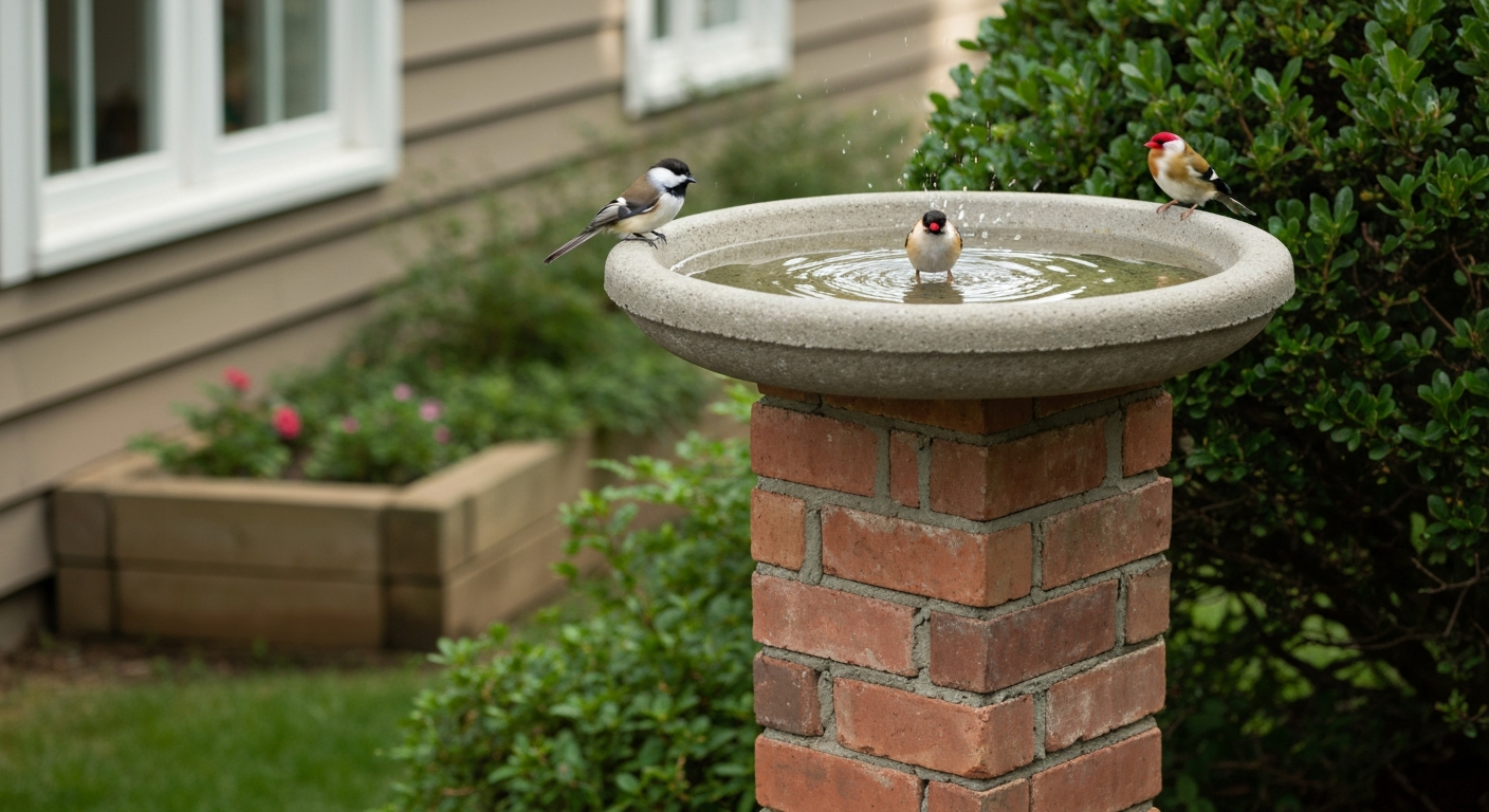 Finished brick bird bath in a backyard: 24–28 in brick pedestal with an 18-inch shallow basin, birds bathing, partial shade.