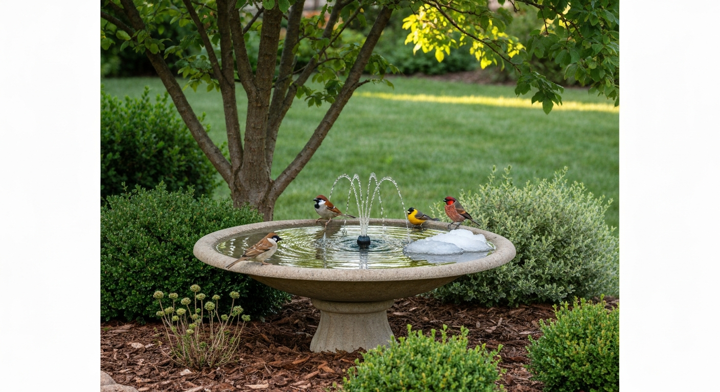 Shallow bird bath in dappled shade with small birds and a solar fountain, surrounded by shrubs and mulch.