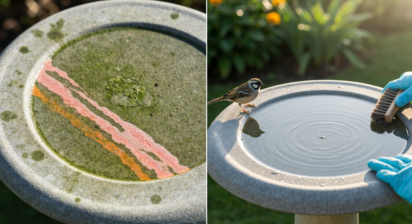 Split image: left — moldy, algae-covered bird bath top; right — same bird bath cleaned and filled with clear water with a small songbird perched on the rim.