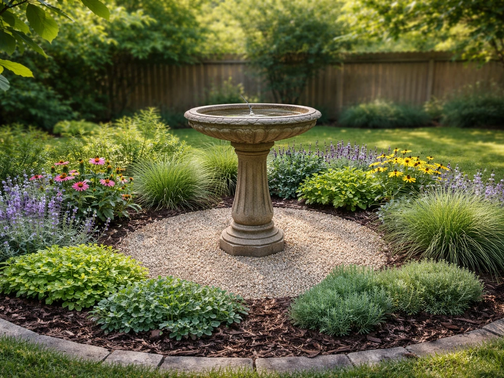Layered native plants and ground cover around a pedestal bird bath with a tidy gravel landing area.