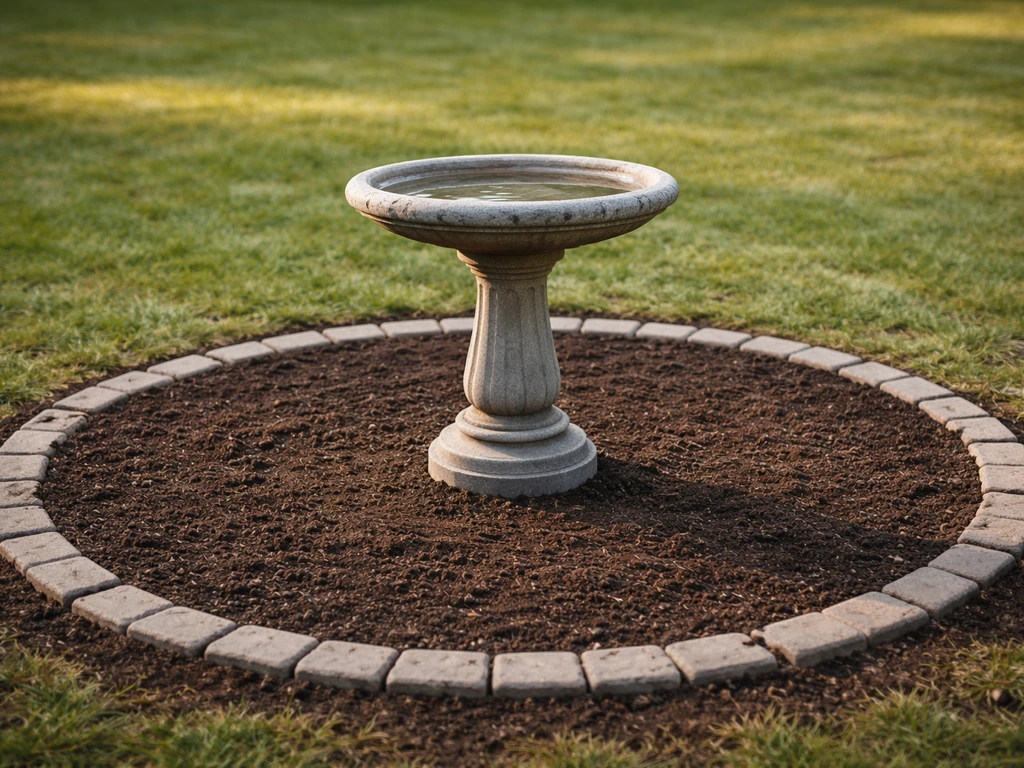 A bird bath pedestal with clear ring of bare soil around it, ready for planting placement