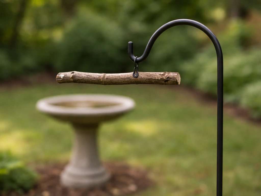 Close-up of an upright branch on a shepherd’s hook near a birdbath with an open approach area.