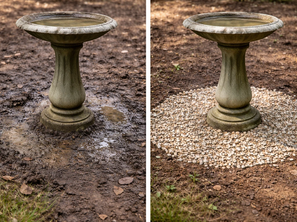 Bird-bath base with pea gravel apron, showing improved drainage and cleaner ground around the pedestal.
