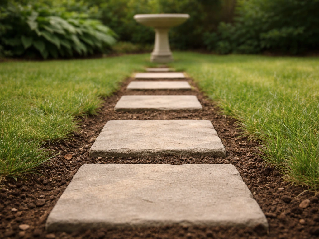 Small paver stepping-stone path from lawn to a bird bath, bordered by grass and clean soil.